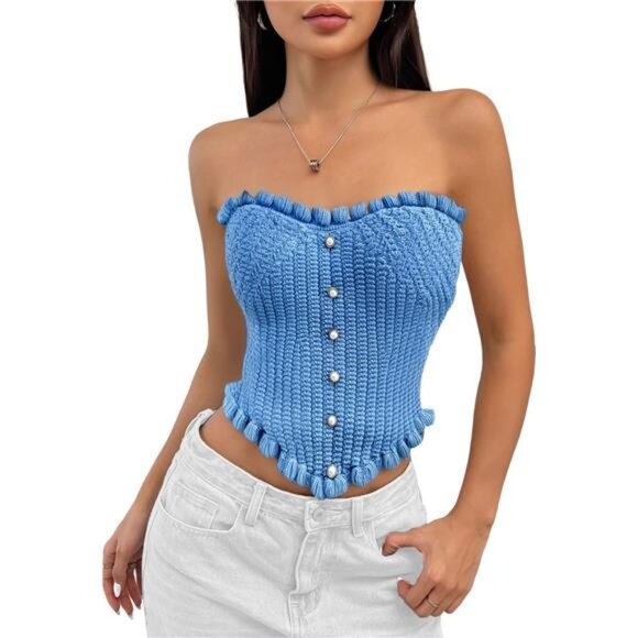 💖 Knitted Strapless Crop Top | Ruffle Trim & Pearl Button - Picture 1 of 5